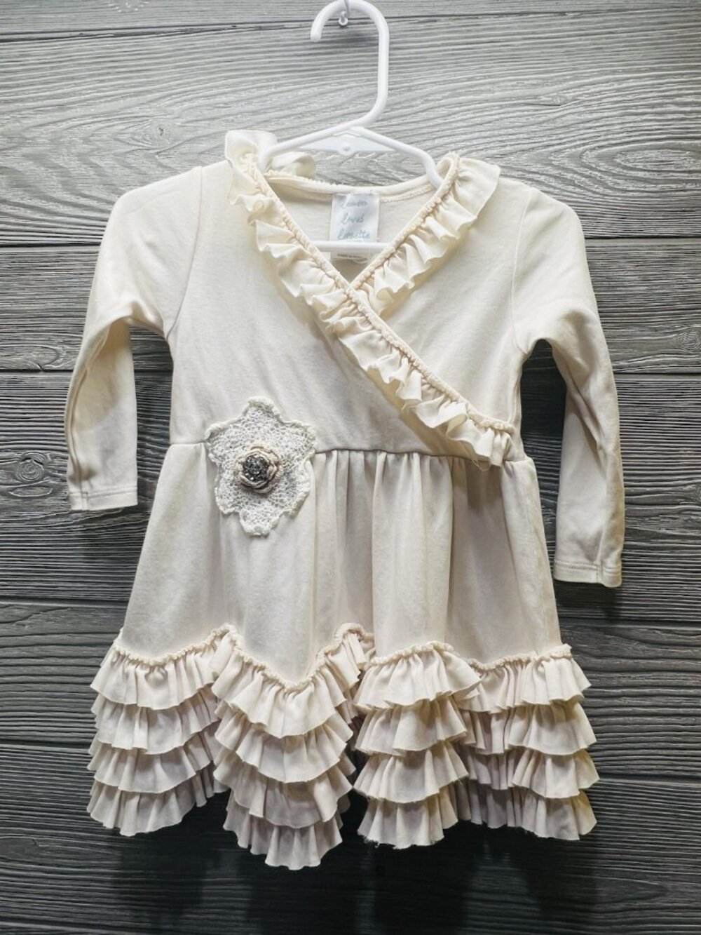 Lemon Loves Layette Cream Ruffled Dress 12-18 Months Crochet Doily Accent Soft